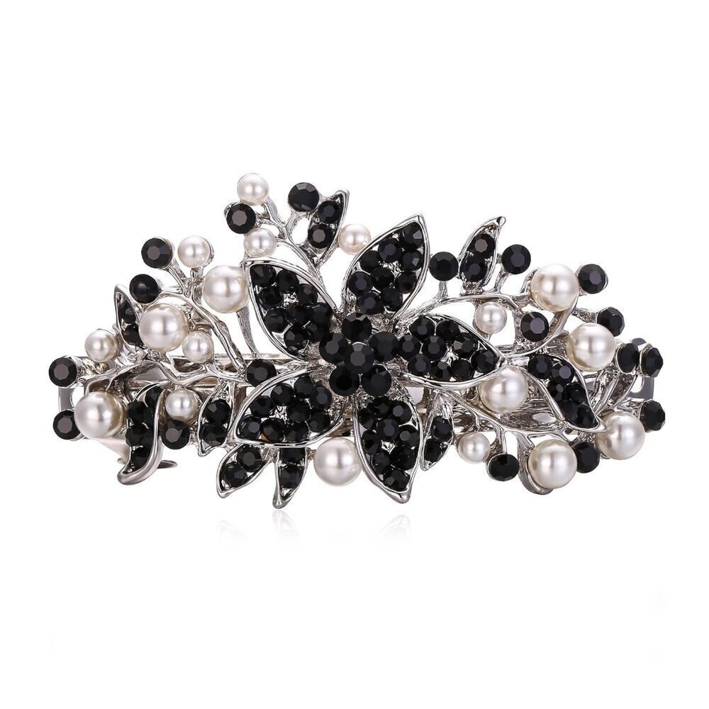 Austrian Crystal Bridal Hibiscus Flower Leaf Cream Simulated Pearl Hair Clip Bar